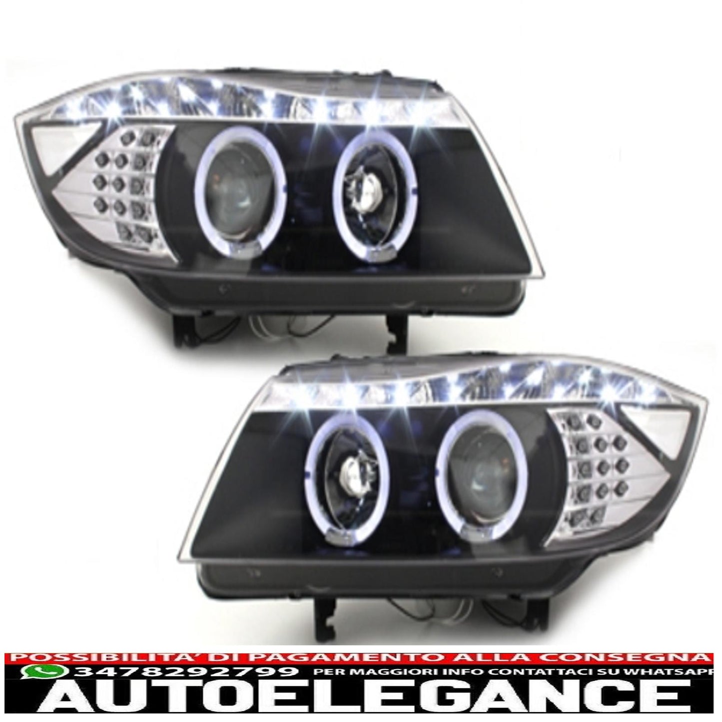 dayline headlights suitable for bmw e90 e91 05+ 2 halo rims drl led optics black