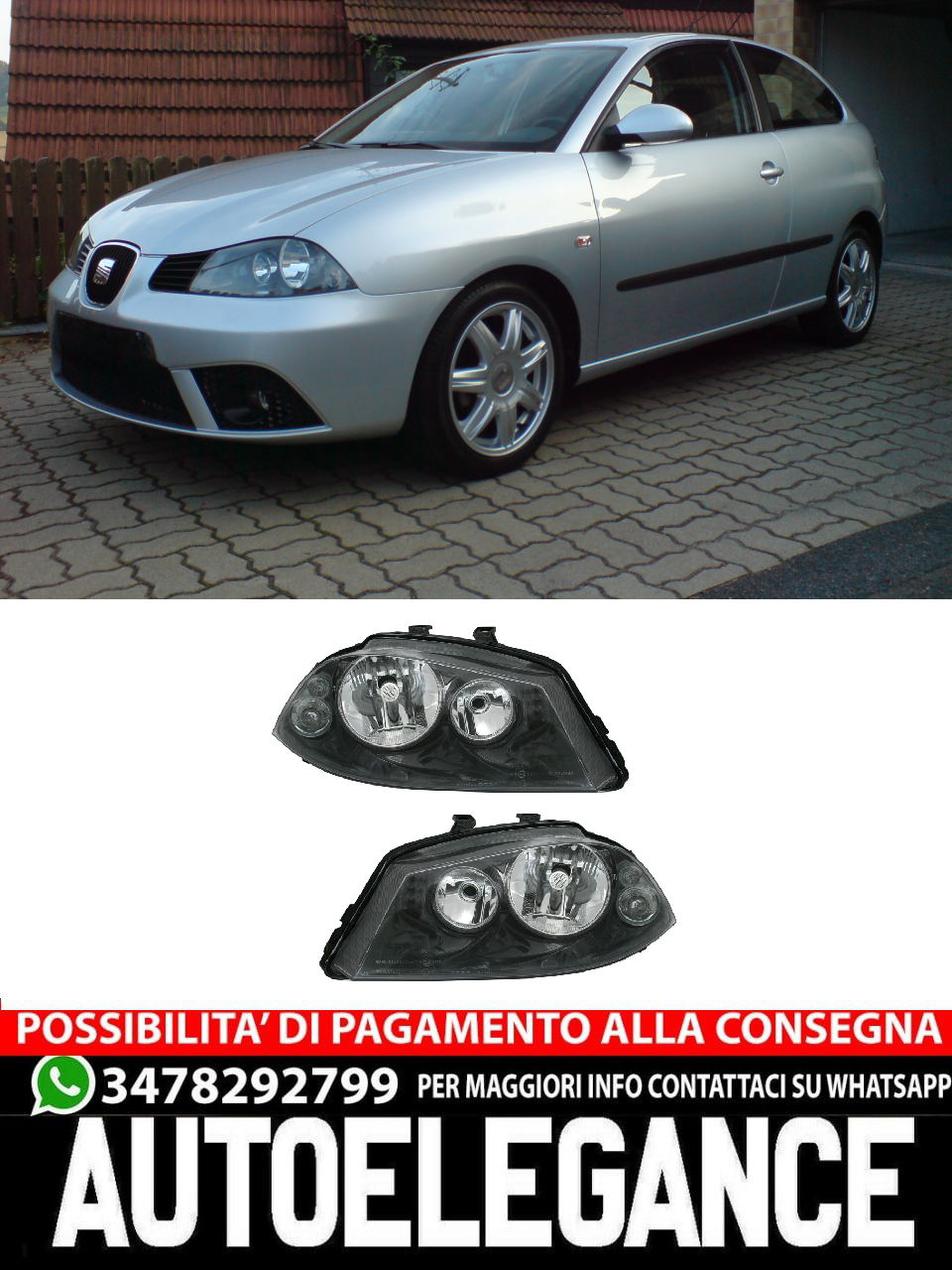 Headlight set for Seat Ibiza 6L Cordoba from 2002 - in black transparent glass H3 H7 