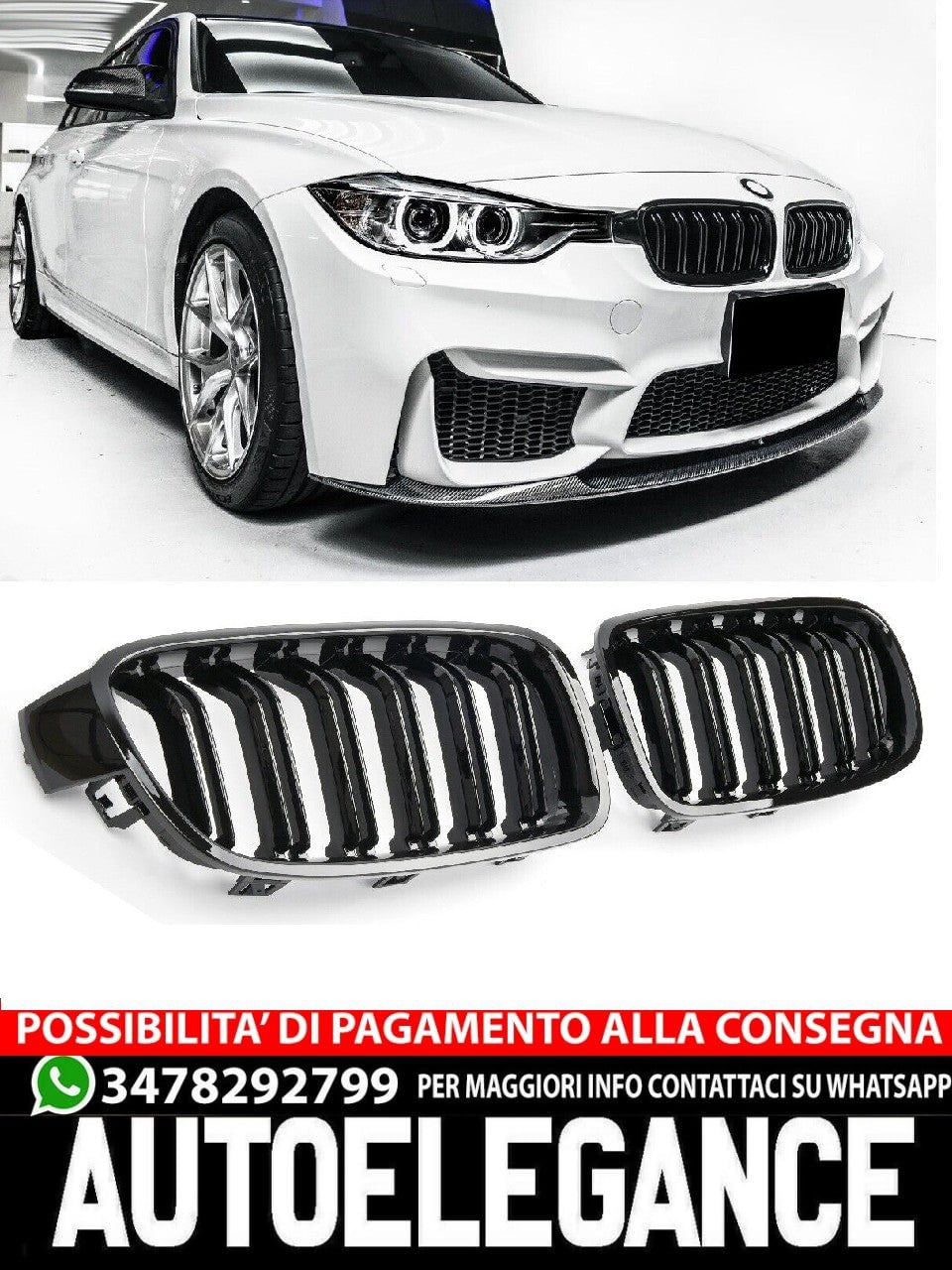SUITABLE FOR BMW 3 SERIES F30 F31 SPORT GRILL DOUBLE BRACKET GLOSS BLACK 