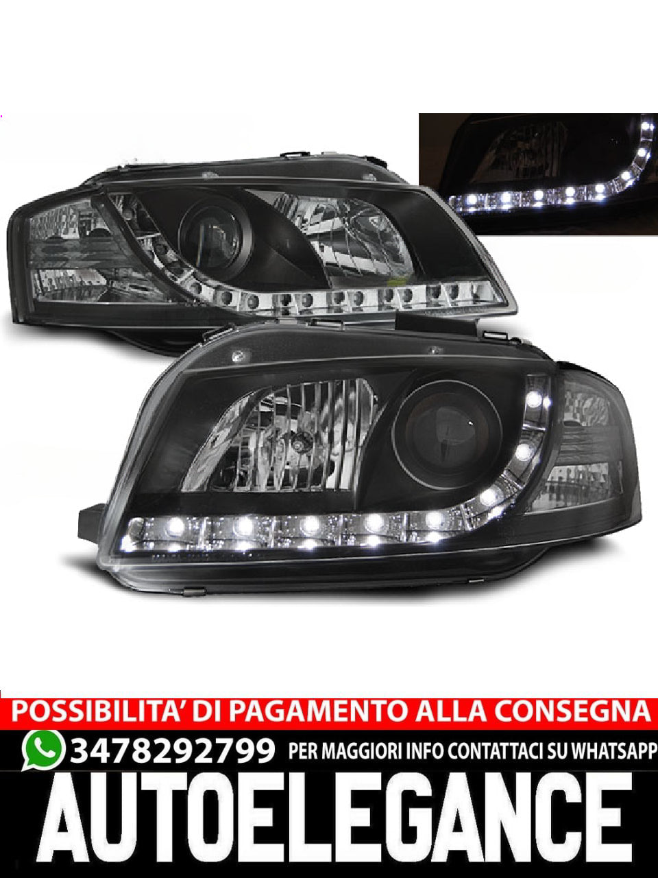 FARI ANTERIORI DAYLIGHT NERO ADATTI COMPATIBILI per AUDI A3 8P 05.03-03.08