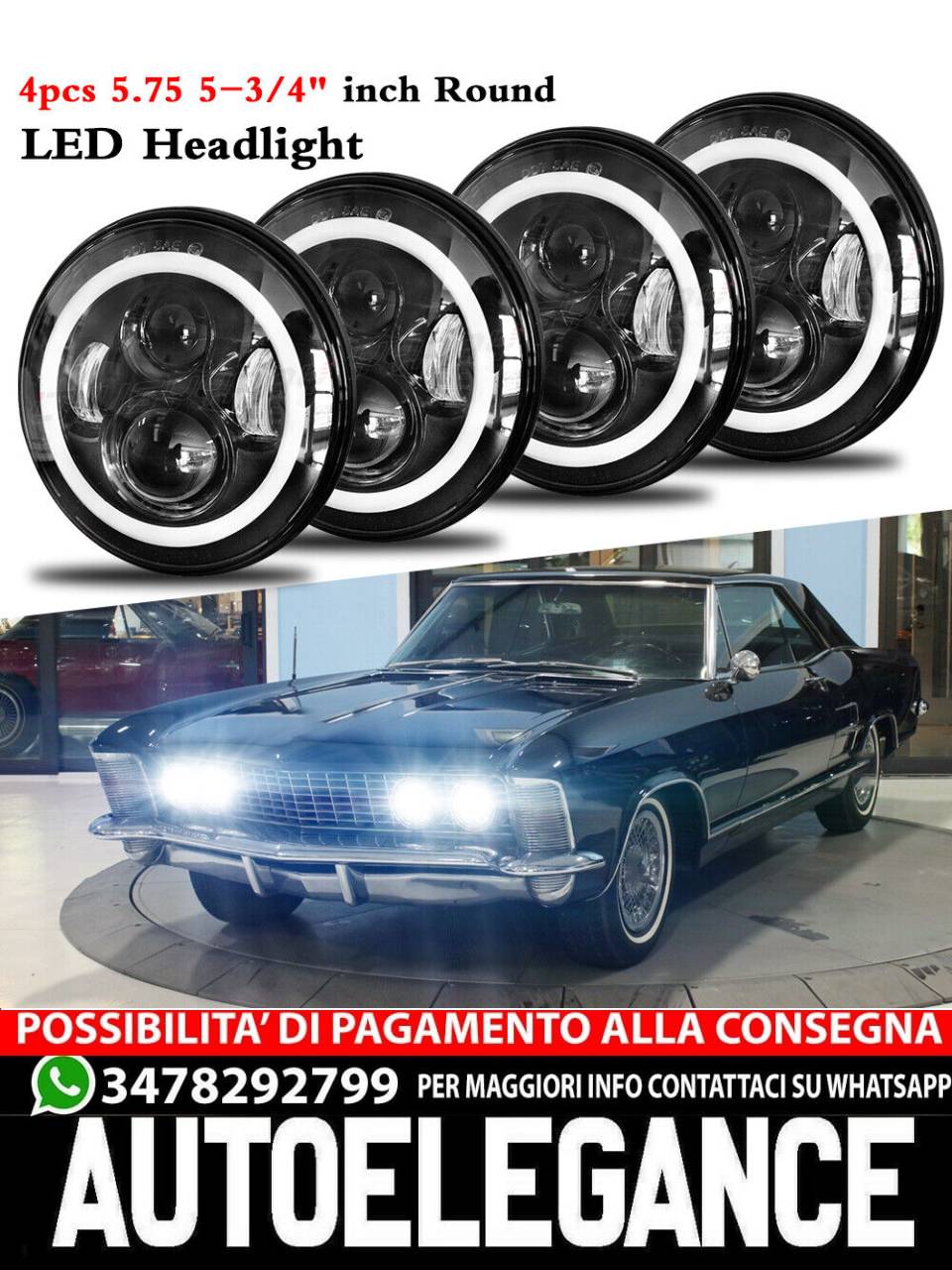 Fit for Buick GS 455 1970-1972 4pcs DOT 5-3/4 5.75" Round LED Headlights HI/LO 