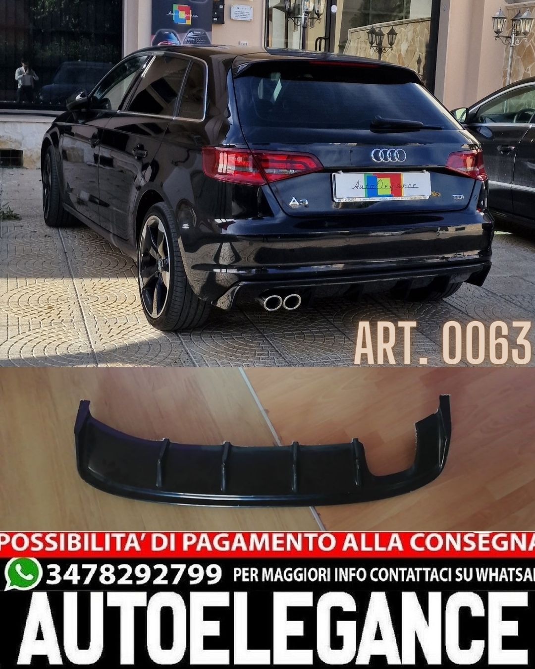 ✨DIFFUSORE ADATTO PER AUDI A3 8V LOOK RS3 12-16 LOOOK NERO LUCIDO 2SX SPORTIVO✨