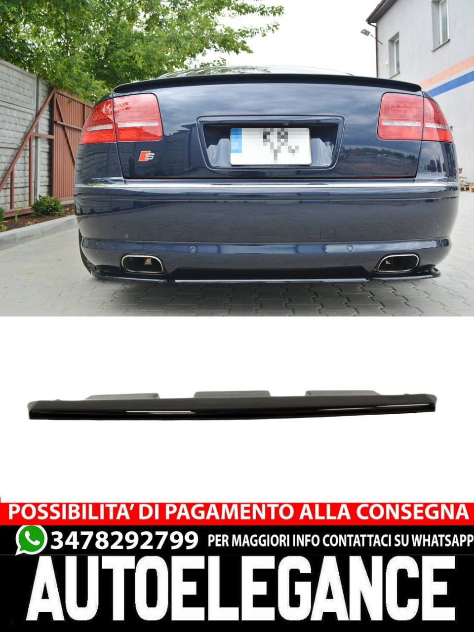 SPLITTER POSTERIORE CENTRALE ADATTO COMPATIBILE PER AUDI S8 D3 (SENZA BARRE VERTICALI)