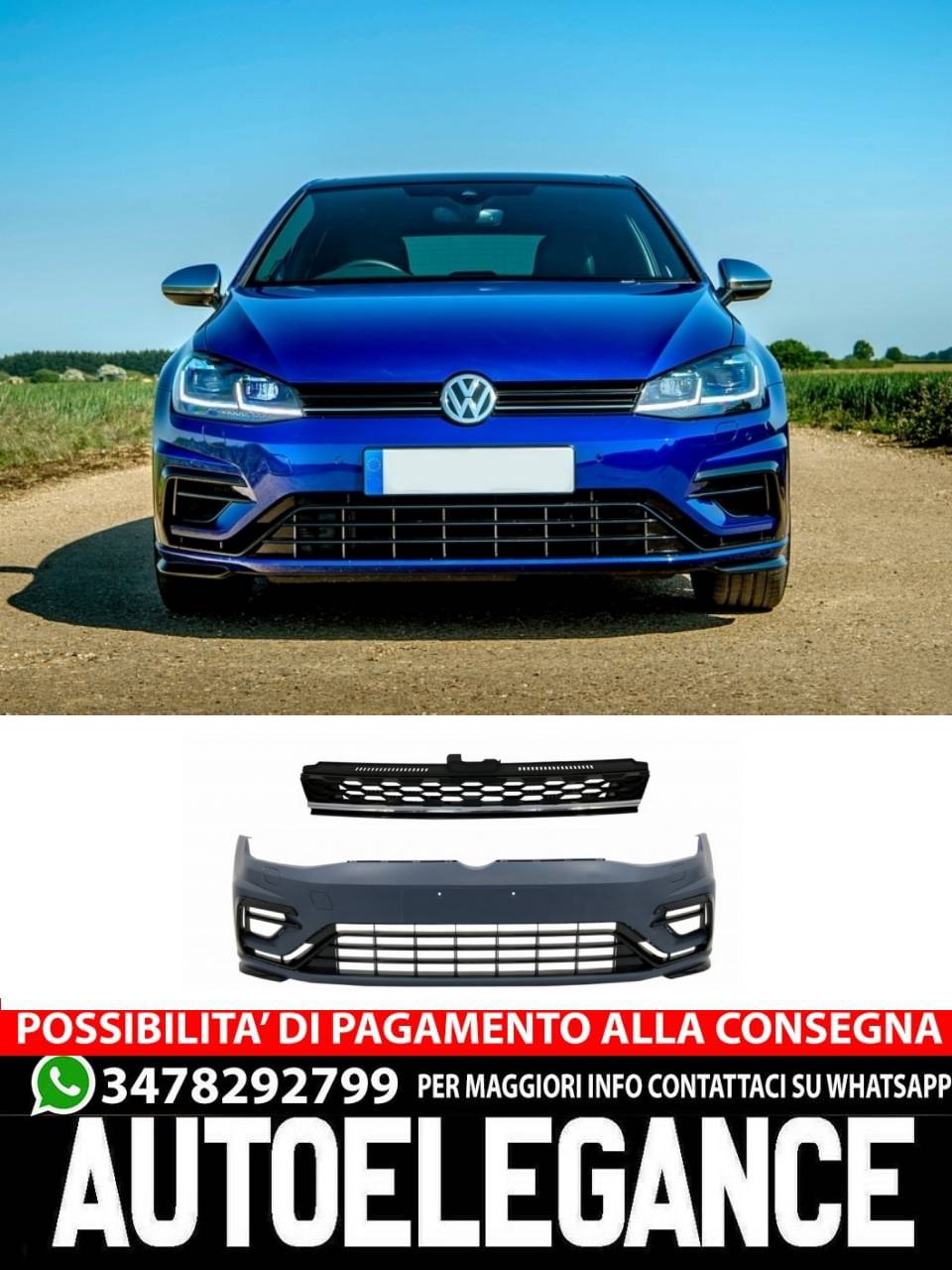Paraurti anteriore con griglia centrale senza badge cromata adatto per VW Golf 7