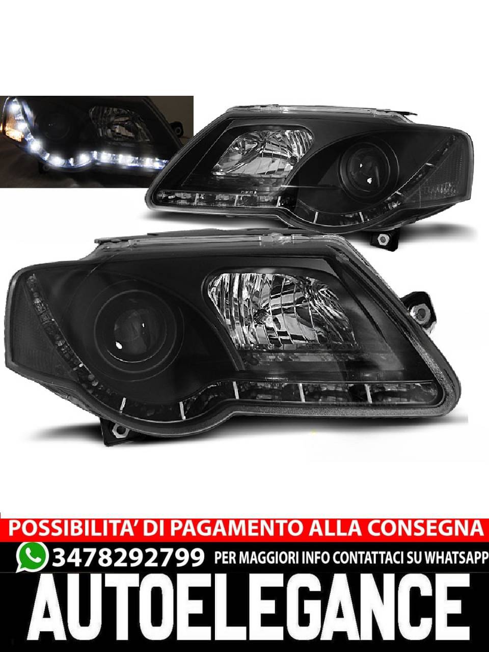 FARI ANTERIORI TRUE DRL NERO per VW PASSAT B6 3C 03.05-10