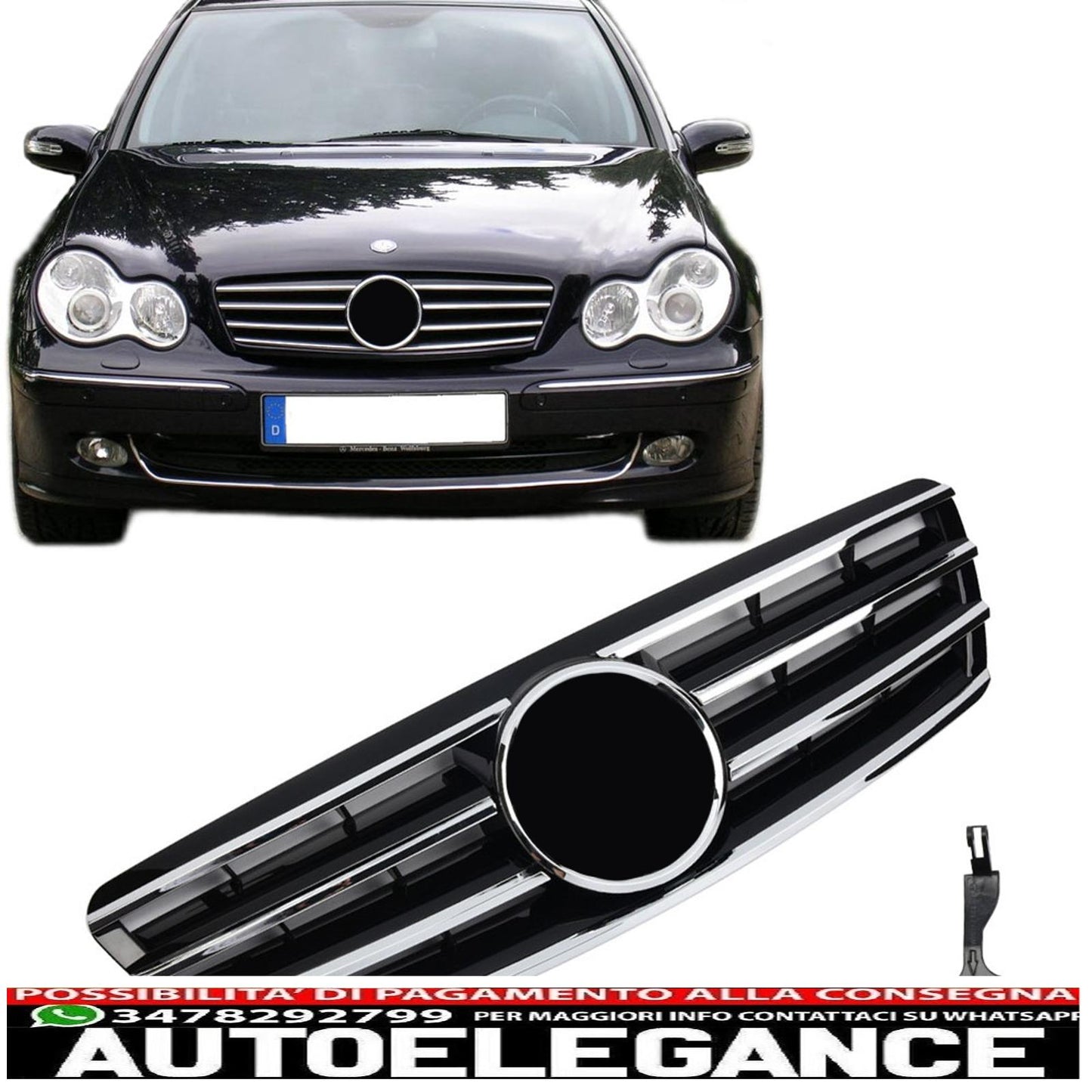 Sports radiator grille for Mercedes W203 S203 C-Class black + chrome