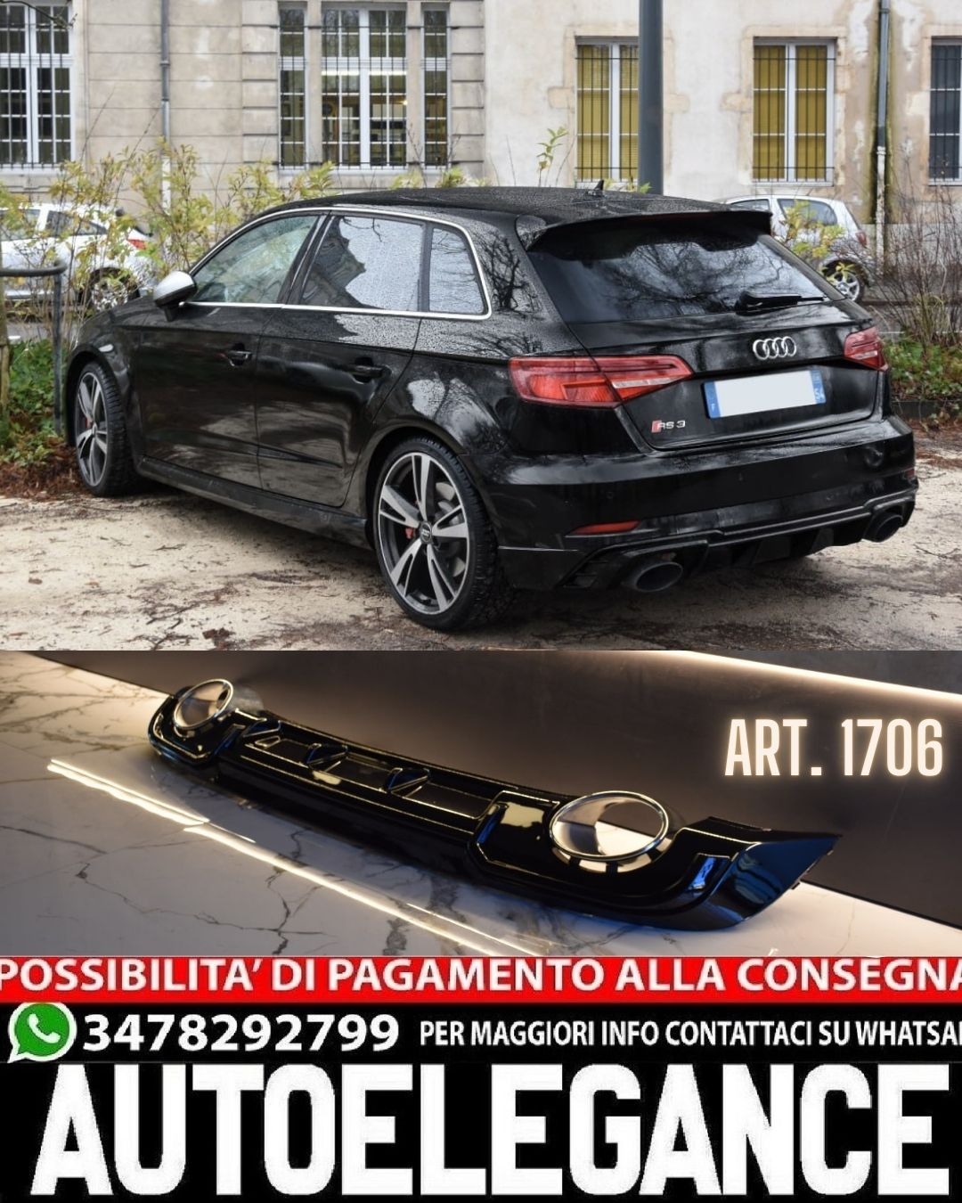 DIFFUSORE ADATTO PER AUDI A3 8V 2017-2020 STANDARD LOOK RS3 NERO LUCIDO