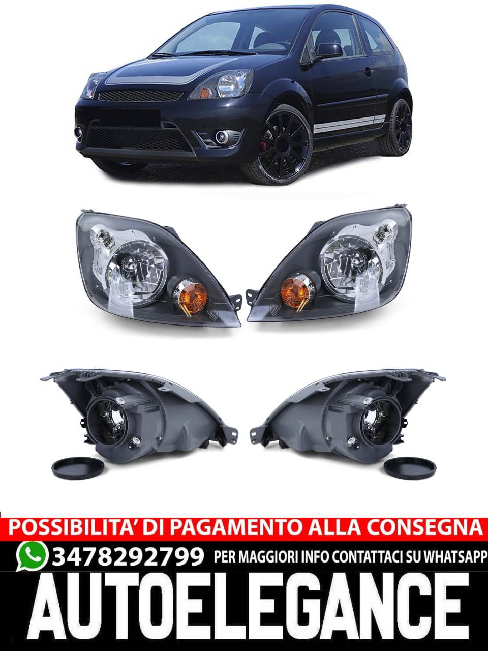 Fari anteriori H4 neri con coppia motore per Ford Fiesta JH JD 05-07