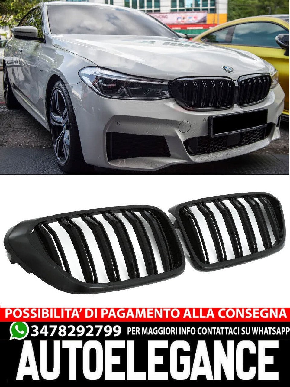 ADATTO A BMW SERIE 6 G32 GRAN TURISMO SPORT GRILL DOPPIA STAFFA NERO LUCIDO