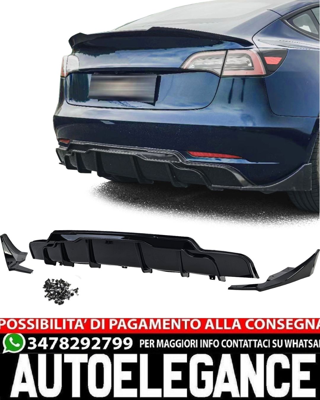 DIFFUSORE POSTERIORE ADATTO PER TESLA MODEL 3 2017-2023 LOOK NERO LUCIDO