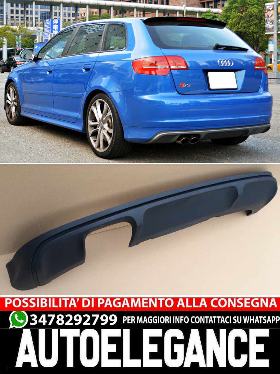 DIFFUSORE POSTERIORE ADATTO PER  AUDI A3 8P 5 PORTE SPORTBACK S3 STILE 2005-2008