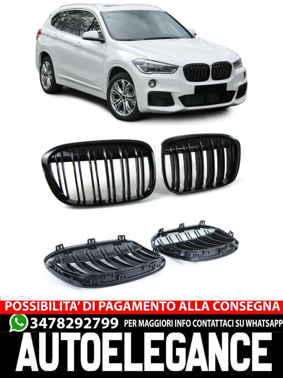 Griglia radiatore sportiva doppia barra performance lucida per BMW X1 F48 14-19