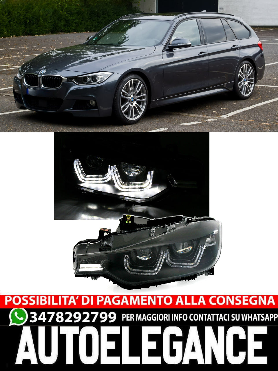 Faro anteriore a LED Angel Eyes per BMW F30 Berlina F31 Touring nero
