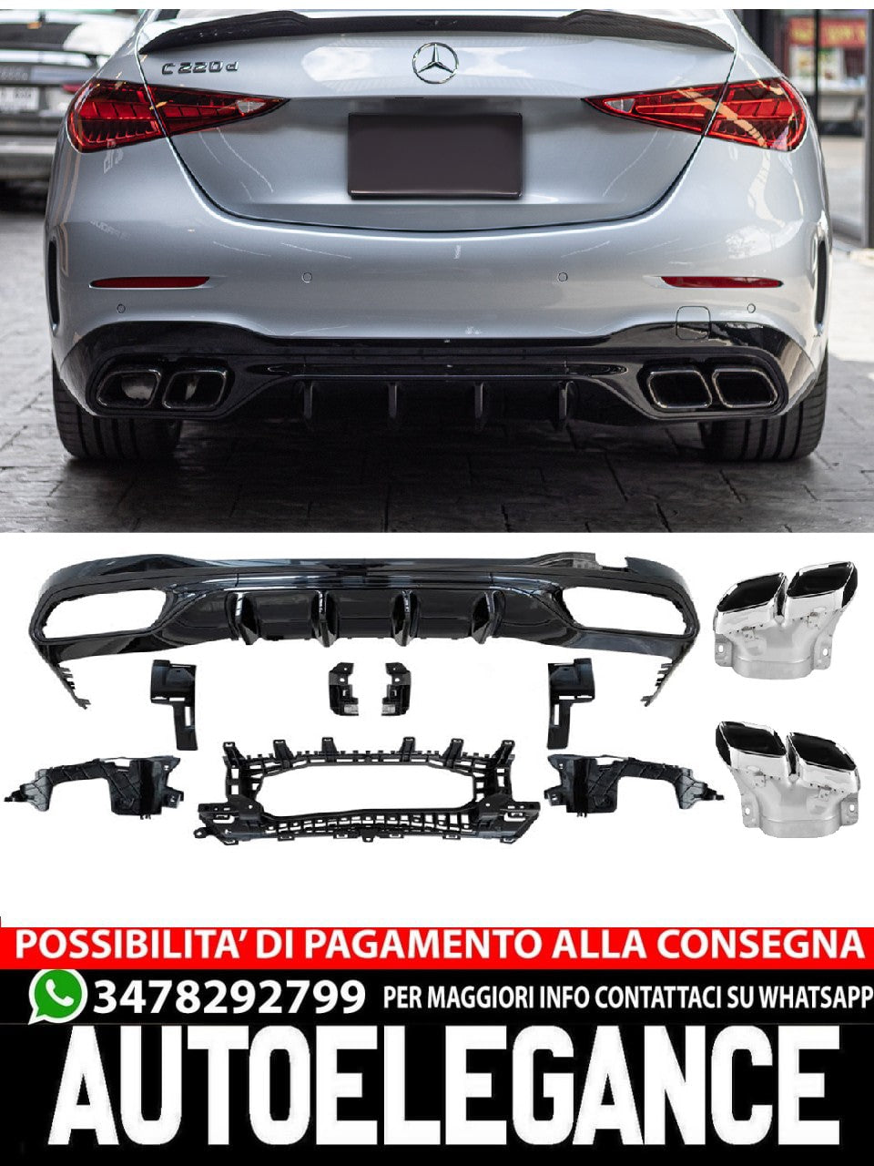 For Mercedes W206 S206 Diffuser + Exhaust TIPPER (CHROME) in C63 AMG Look 