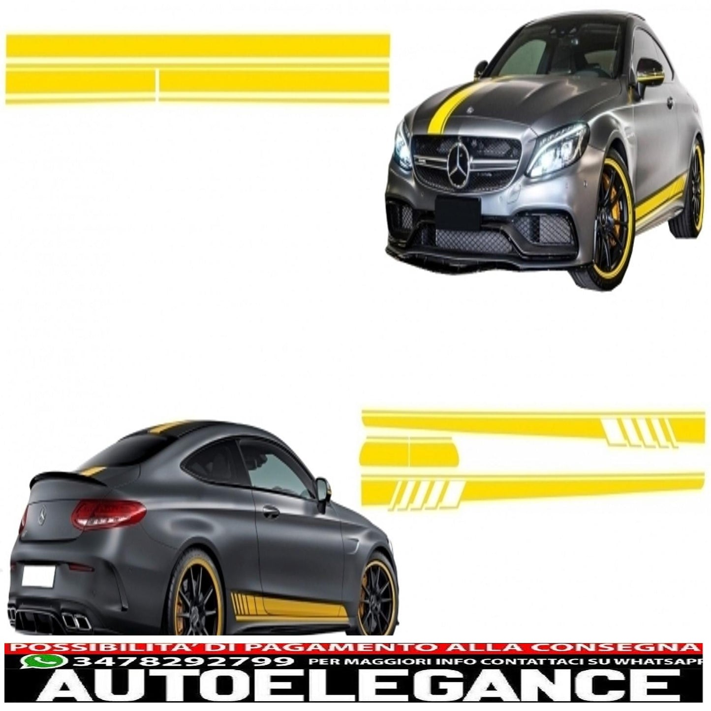 Set of side and top decals for bonnet, roof, tailgate and mirror, matt yellow, suitable for mercedes c205 coupe a205 cabriolet (2014-up)