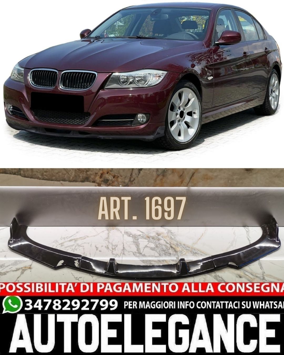 SPLITTER 3 PEZZI ADATTO PER BMW SERIE 3 E90 E91 2008-2013 STANDARD NERO LUCIDO