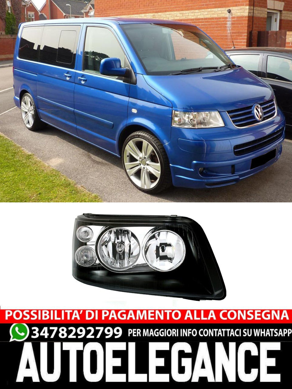 Faro anteriore destro per VW T5 03-09 Nero H1 H7 Faroprincipale LWR motore