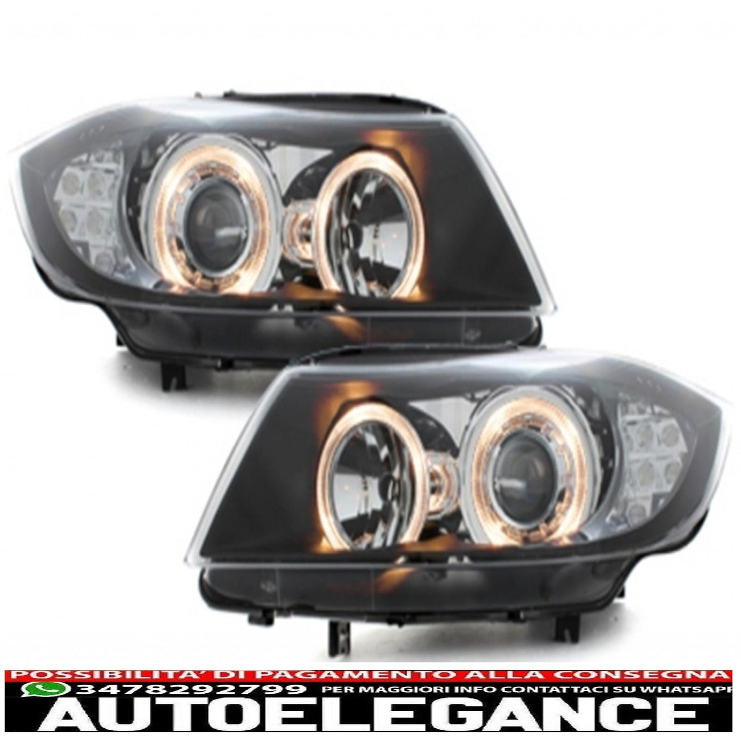 angel eye led headlights suitable for bmw 3 series e90 sedan e91 touring (03.2005-08.2008) 2 black halo rims 