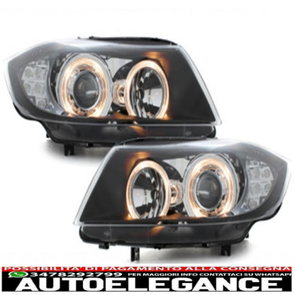 angel eye led headlights suitable for bmw 3 series e90 sedan e91 touring (03.2005-08.2008) 2 black halo rims 