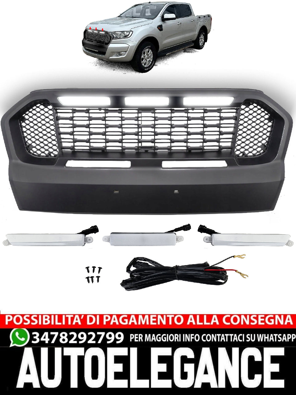 Griglia a nido d'ape Performance nera con LED adatta per Ford Ranger T7 16-19