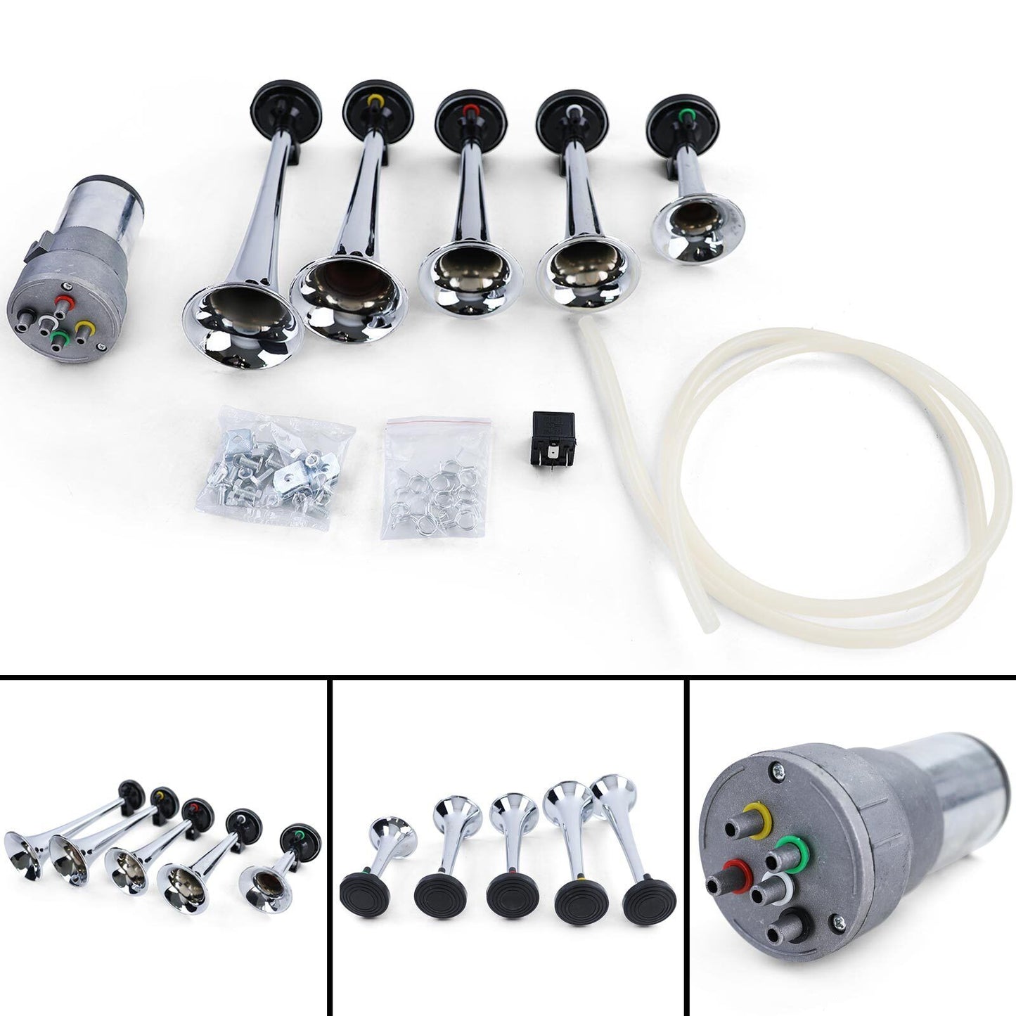 5 Tone Fanfare Trumpet La Cucaracha Melody with Chrome Compressor 118dB 12 Volt