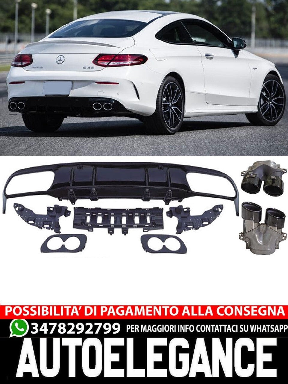 Per Mercedes C205 A205 diffusore + mascherine scarico (NERO) in ottica C43 AMG