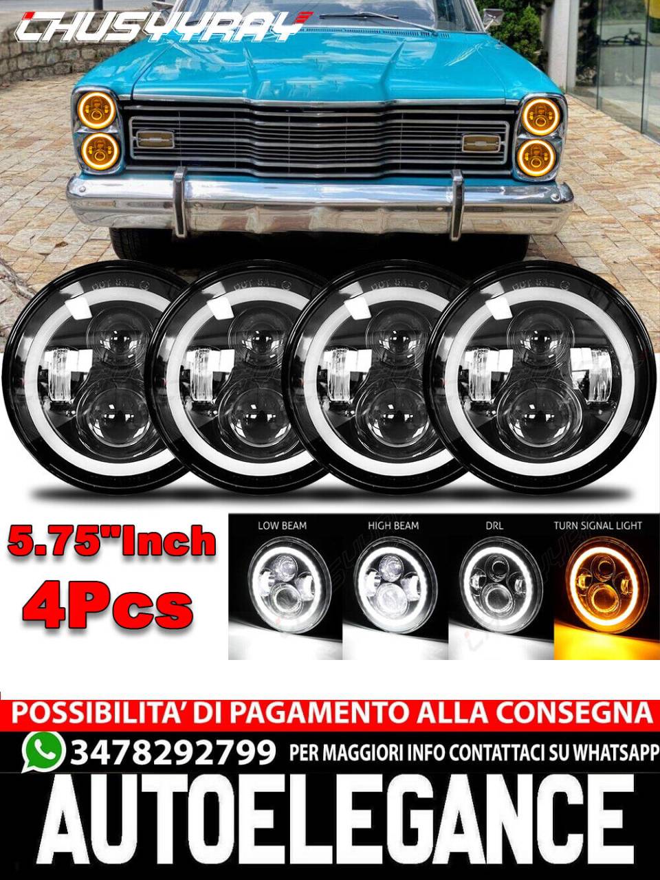 4pcs 5.75" 5-3/4inch Round LED Headlights Upgrade Fit Ford Galaxie 500 1962-1974