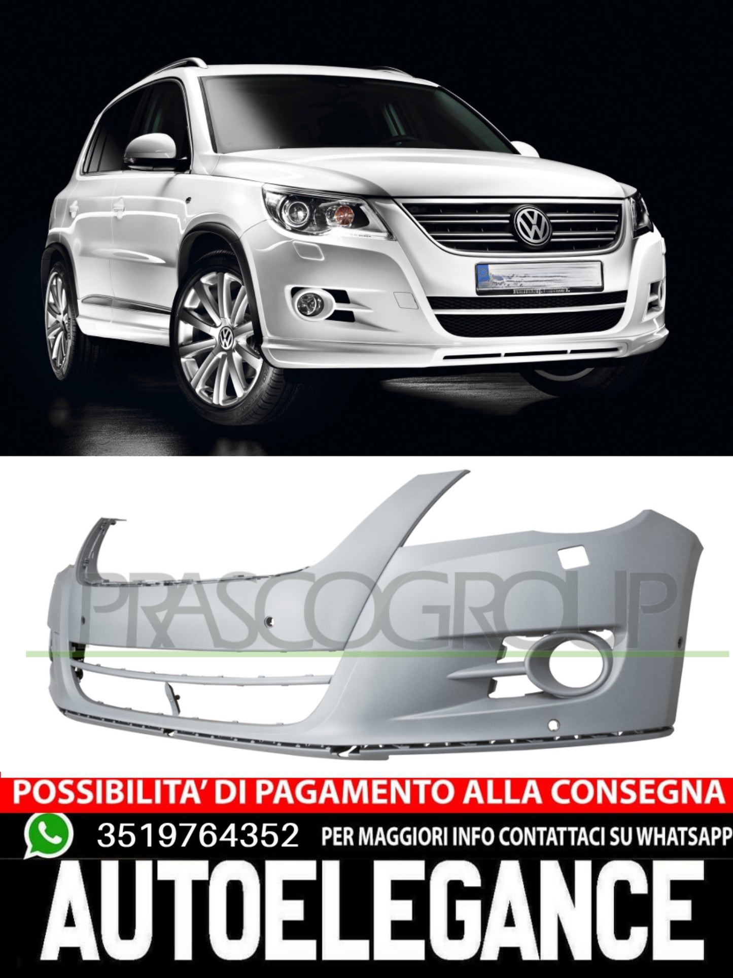 Paraurti Prasco Anteriore CON PRIMER FORI PDC Per Vw Tiguan Bmo 5N0807217EGRU