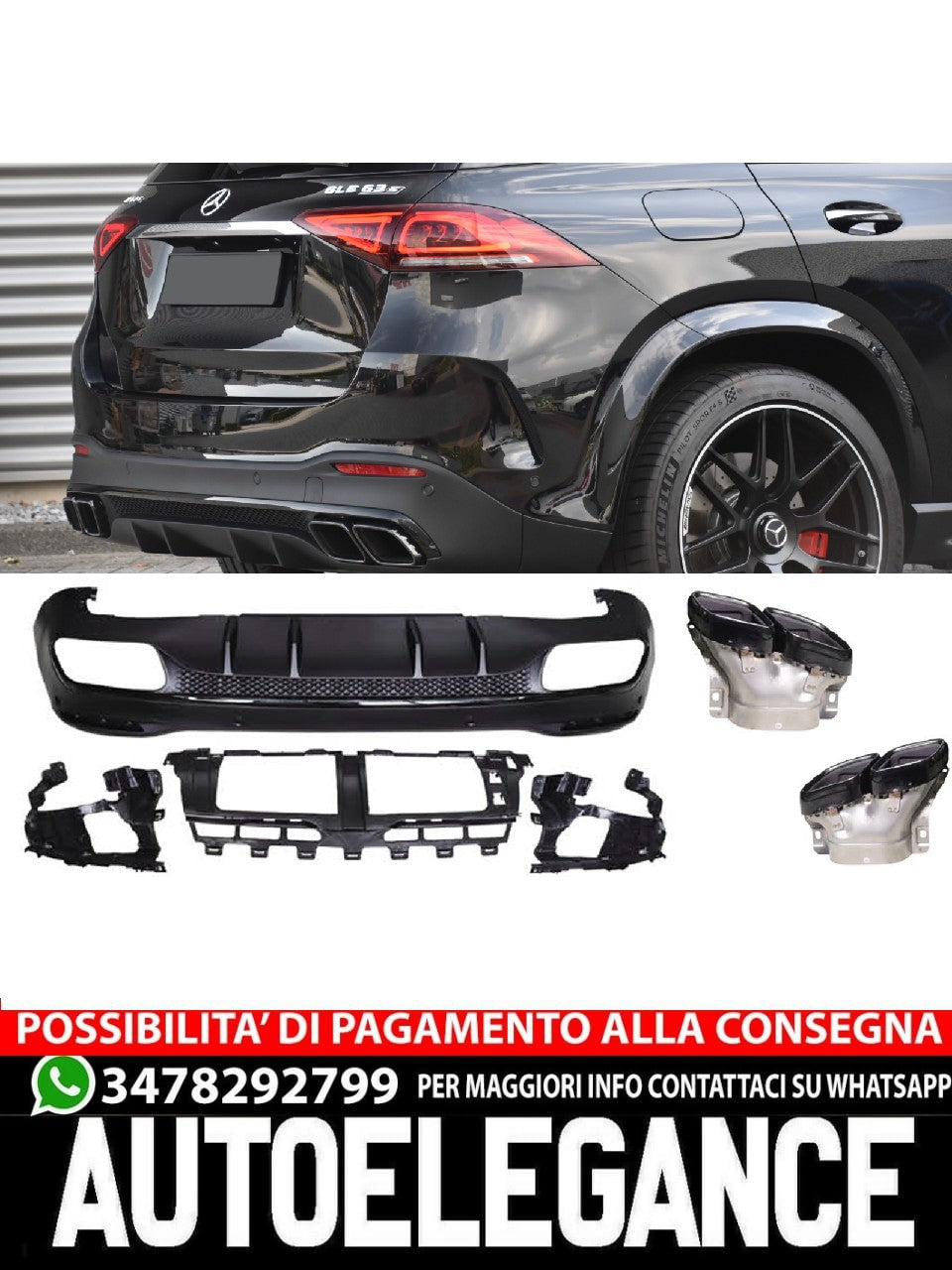 For Mercedes W167 GLE SUV Diffuser + Exhaust Tips 2X2 (BLACK) 63 AMG OPTICS