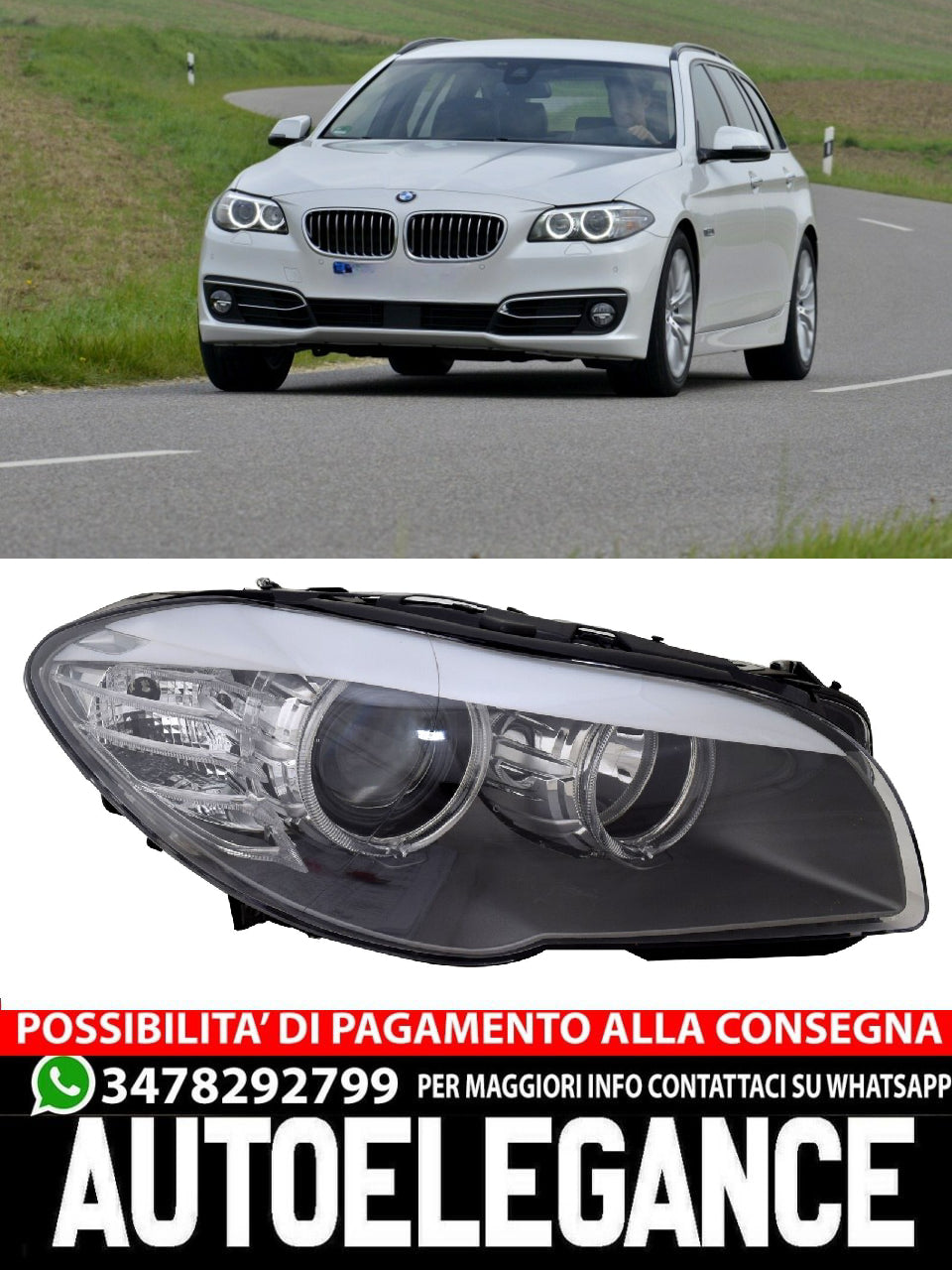 Faro anteriore destro per Serie 5 BMW F10 F11 2009-2013 H7 Alogena Angel Eyes LED LWR