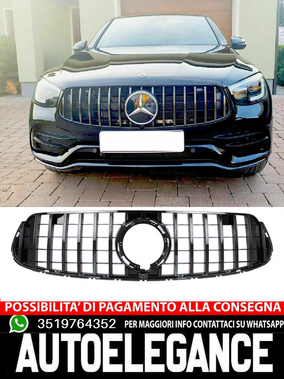 Griglia anteriore centrale adatta per Mercedes GLC X253 C253 Facelift (2020 in poi) GTR Panamericana Design All Black