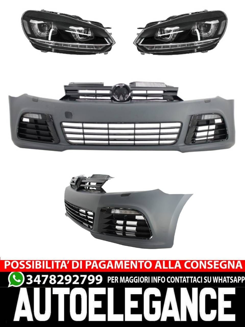 Paraurti anteriore adatto per VW Golf VI 6 (2008-2013) R20 Look con fari 3D LED
