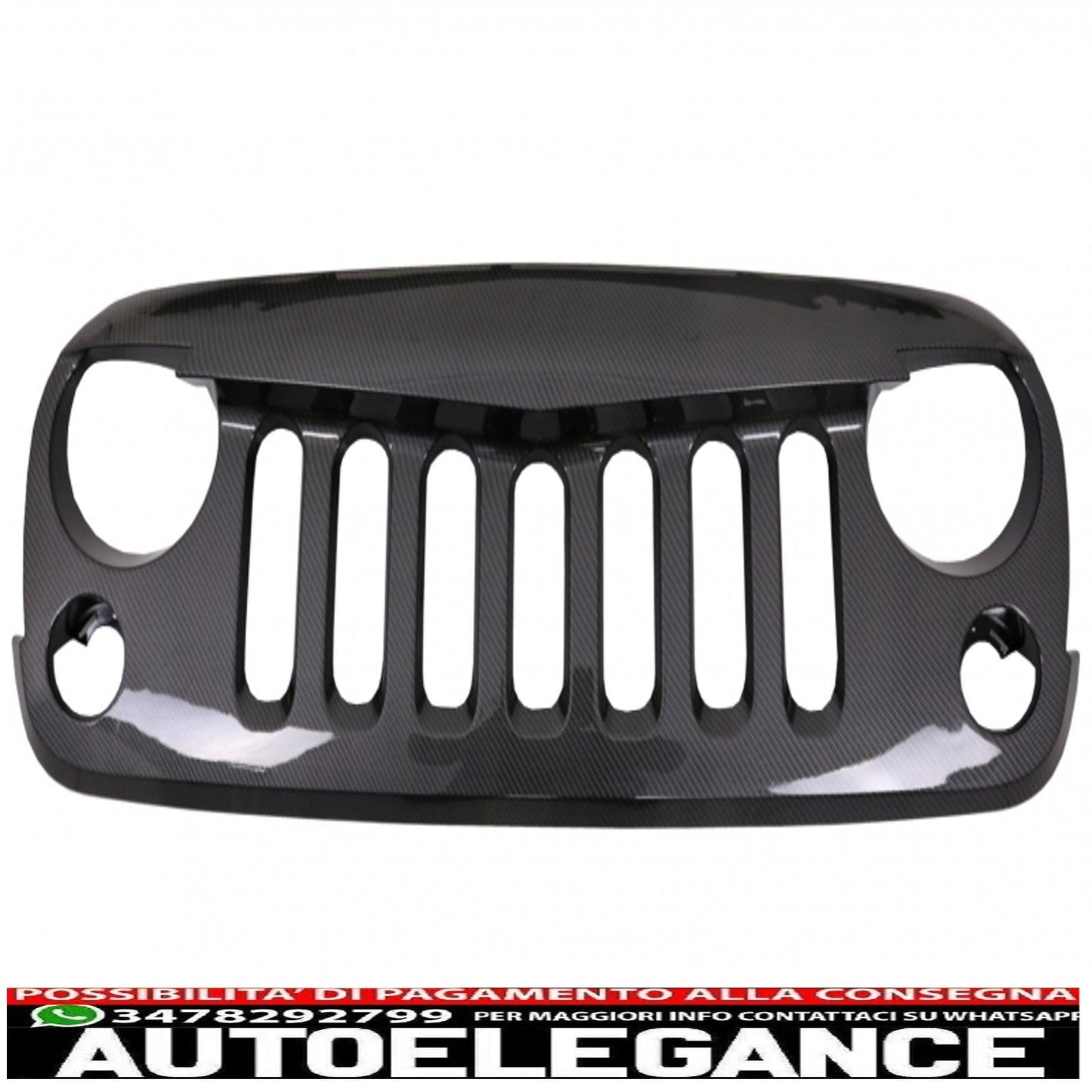 griglia anteriore centrale con indicatori di direzione a led color ambra adatta per Jeep Wrangler / Rubicon JK (2007-2017) design Angry Bird rivestita con pellicola di carbonio lucida