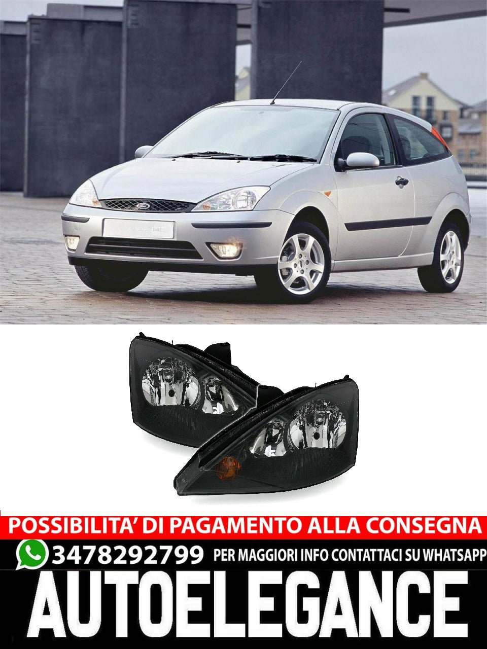 Left + Right Black Headlight Set for Ford Focus 1 2001-2004 MK1 