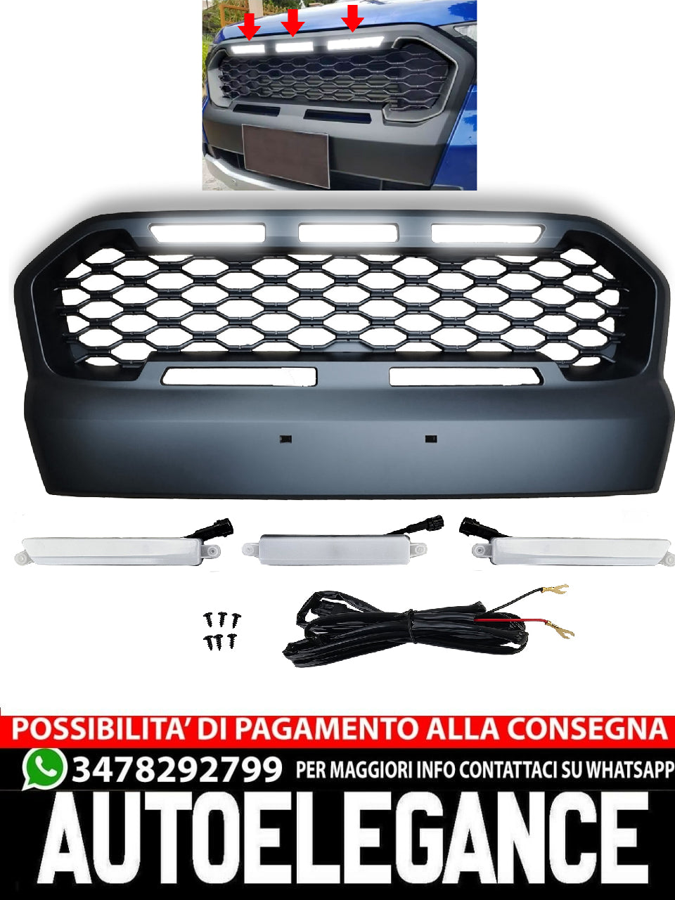 Griglia a nido d'ape Sport nera con LED per Ford Ranger T7 16-19 2.2 3.2