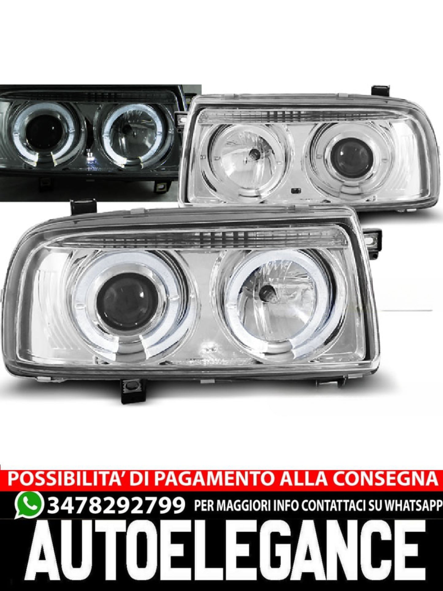 FARI ANTERIORI ANGEL EYES CROMATI adatti compatibili per VW VENTO 01.92-08.98