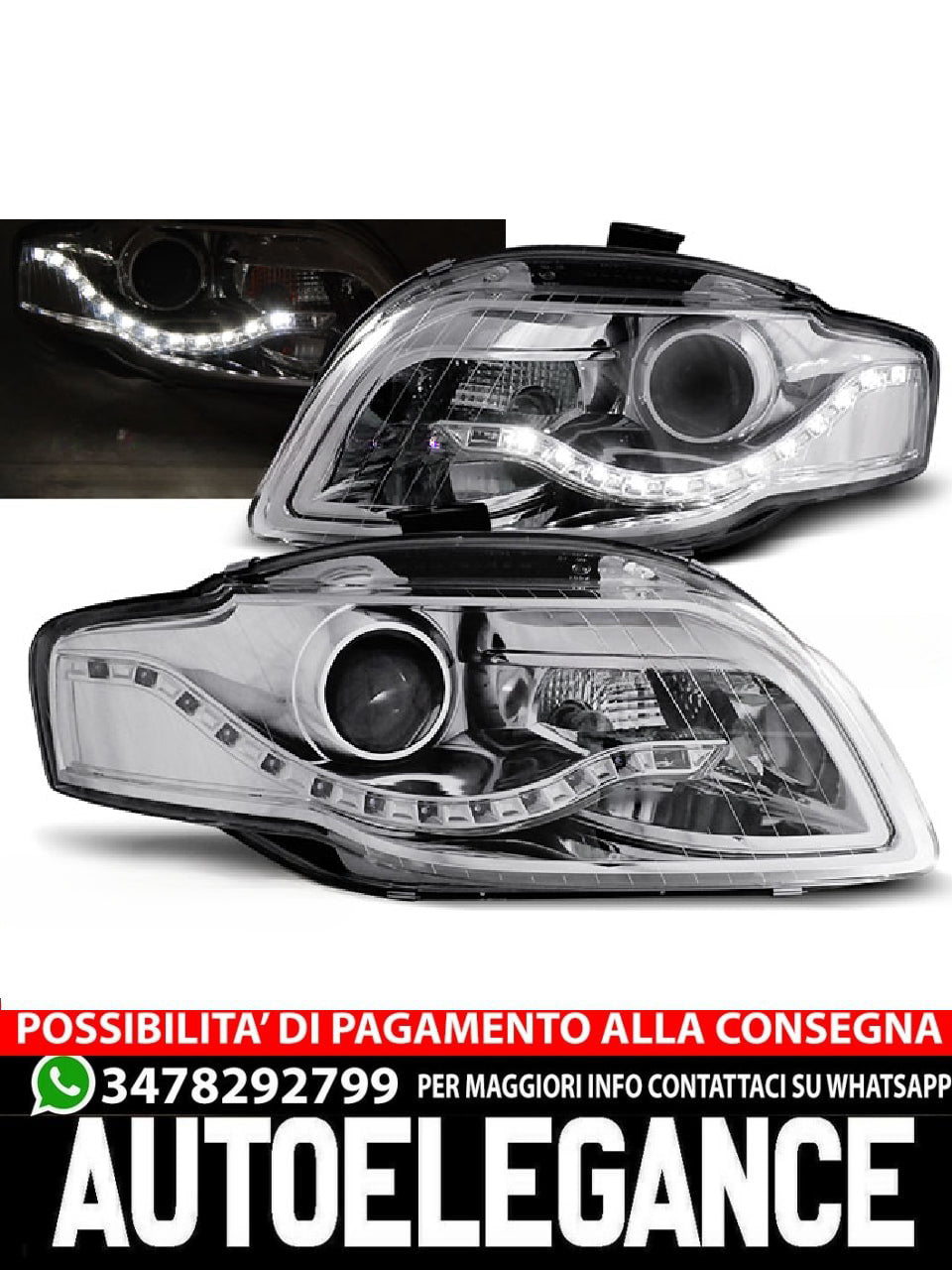 FARI ANTERIORI DAYLIGHT CHROME ADATTI COMPATIBILI per AUDI A4 B7 11.04-03.08