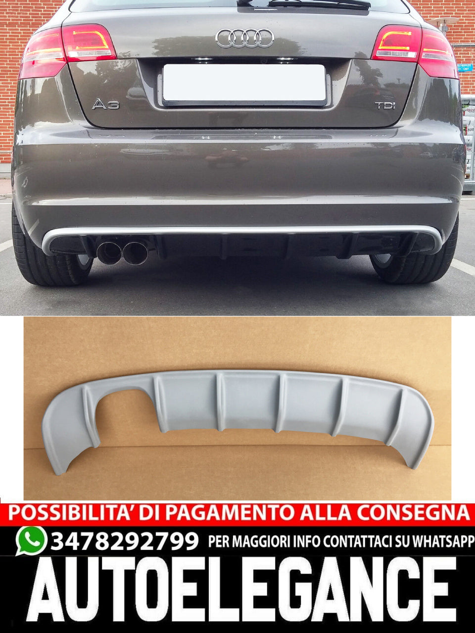 MINIGONNE POSTERIORE/DIFFUSORE/SPOILER AUDI A3 8P (restyling 2008-2012) STILE RS