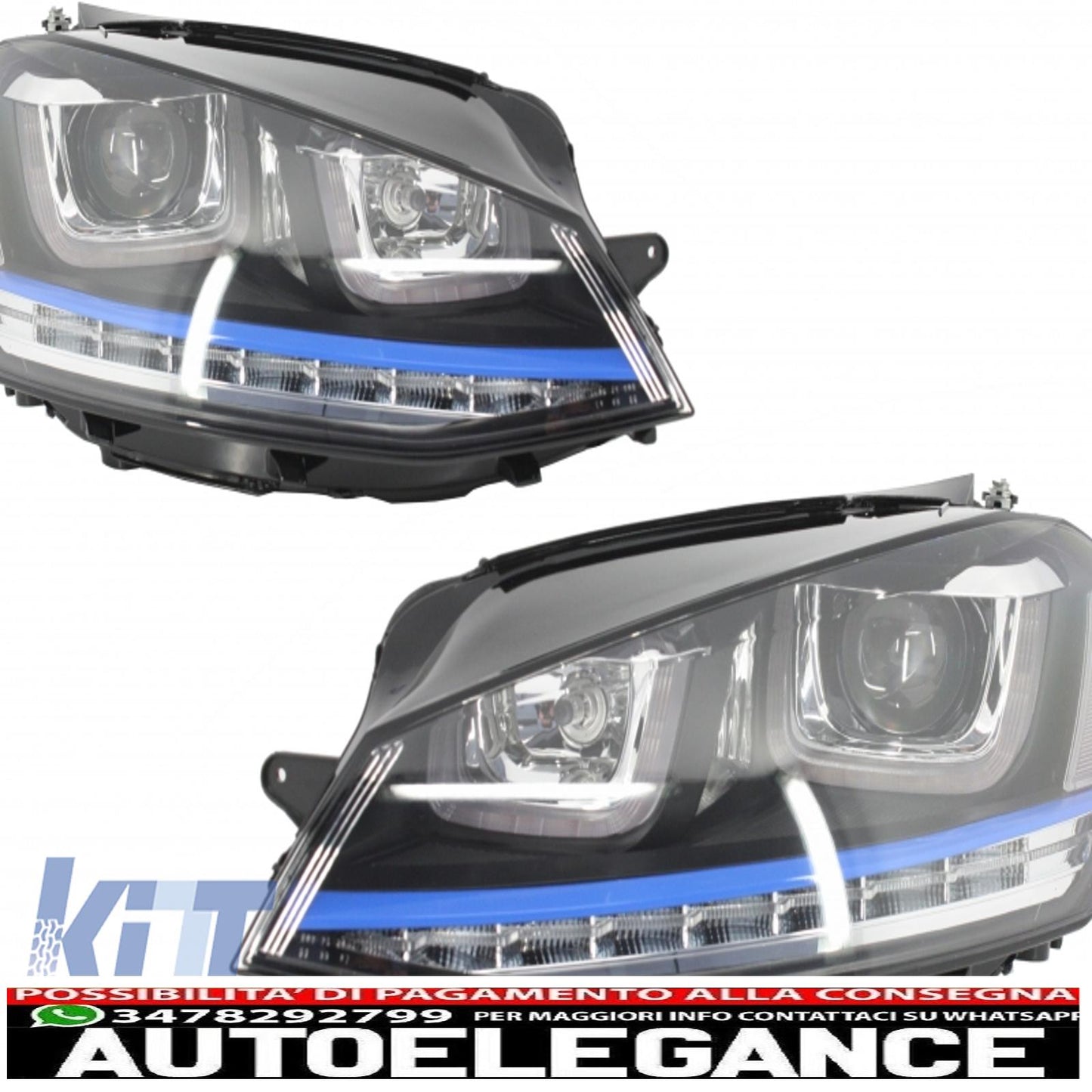 3d led headlight assembly drl turn signal with grille suitable for vw golf 7 vii (2012-2017) blue gte look 