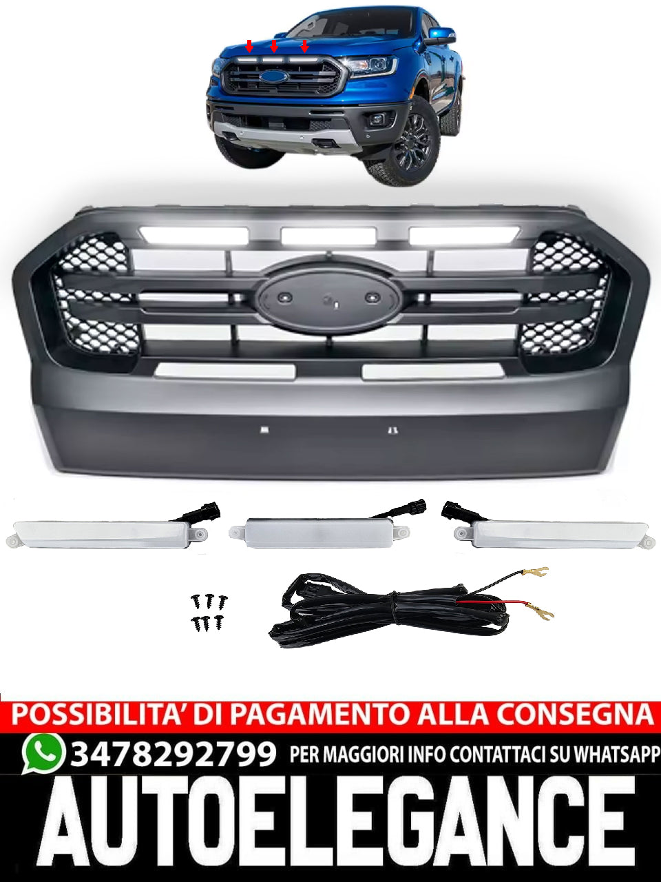 Griglia radiatore con LED nero con doppio ponte adatto per Ford Ranger T7 16-19