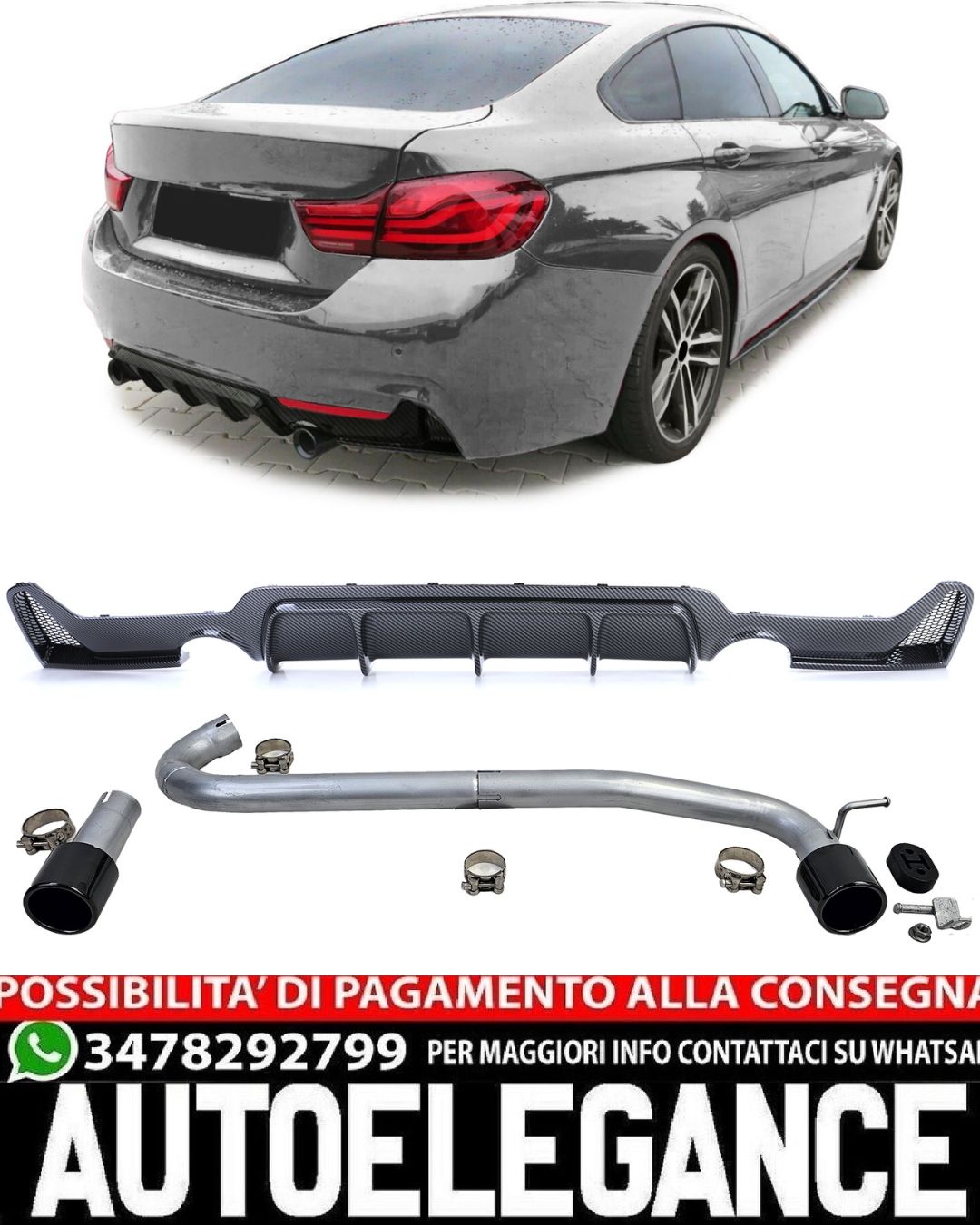DIFFUSORE + TERMINALI DI SCARICO 1+1 ADATTI PER BMW SERIE 4 F32 F33 F36