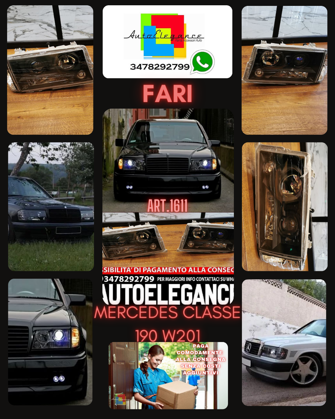 FARI ANTERIORI ADATTI PER MERCEDES 190 W201 1982-1993 LOOK NERI DESIGN SPORTIVI