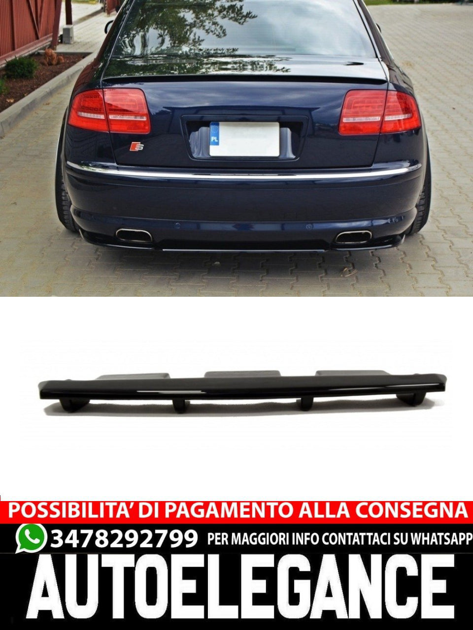 SPLITTER POSTERIORE CENTRALE ADATTO PER AUDI A8 W12 D3 CON BARRE VERTICALI (2004-2009 )