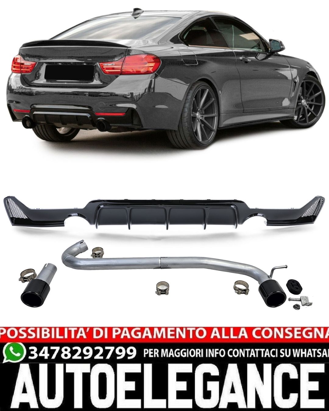 DIFFUSORE LUCIDO + TERMINALI DI SCARICO 1+1 ADATTI PER BMW SERIE 4 F32 F33 F36