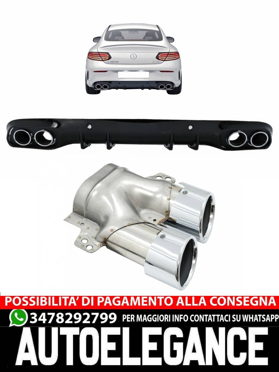 Rear Bumper+Diffuser Fit For Mercedes C-Class C205 A205 2014-2019 