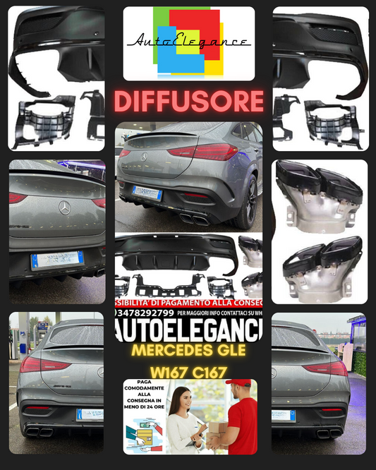 DIFFUSORE+TERMINALI NERI ADATTI PER MERCEDES W167 C167 GLE COUPE LOOK 63 AMG