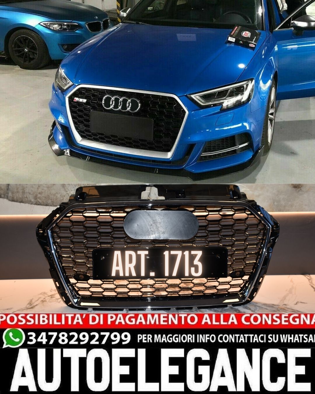 GRIGLIA ADATTA PER AUDI A3 8V 2017-2020 LOOK RS3 BORDO CROMATO DESIGN SPORTIVO