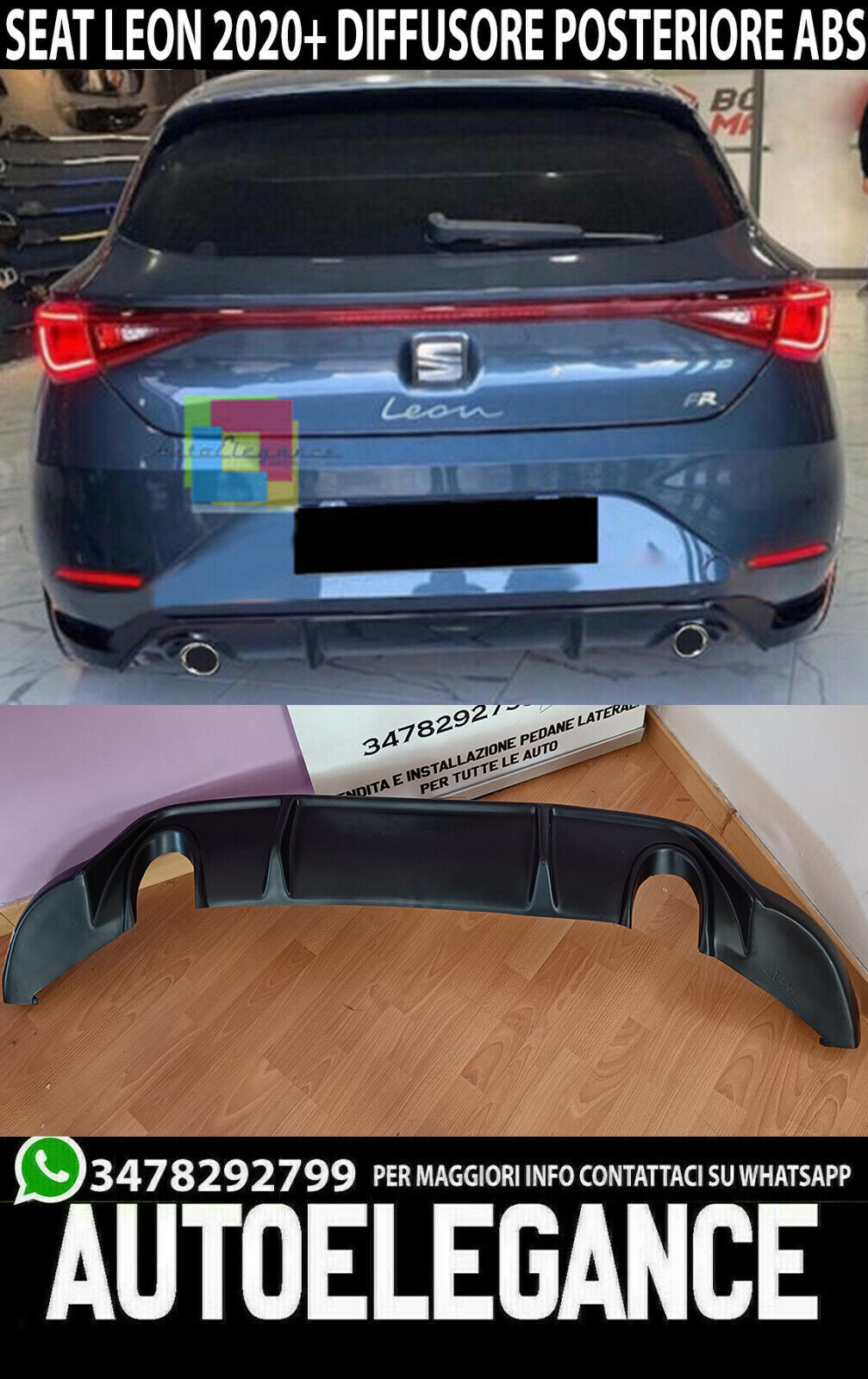SPOILER DIFFUSORE SEAT LEON KL 2019+ SOTTO PARAURTI ABS LOOK SPORTIVO FR 1+1