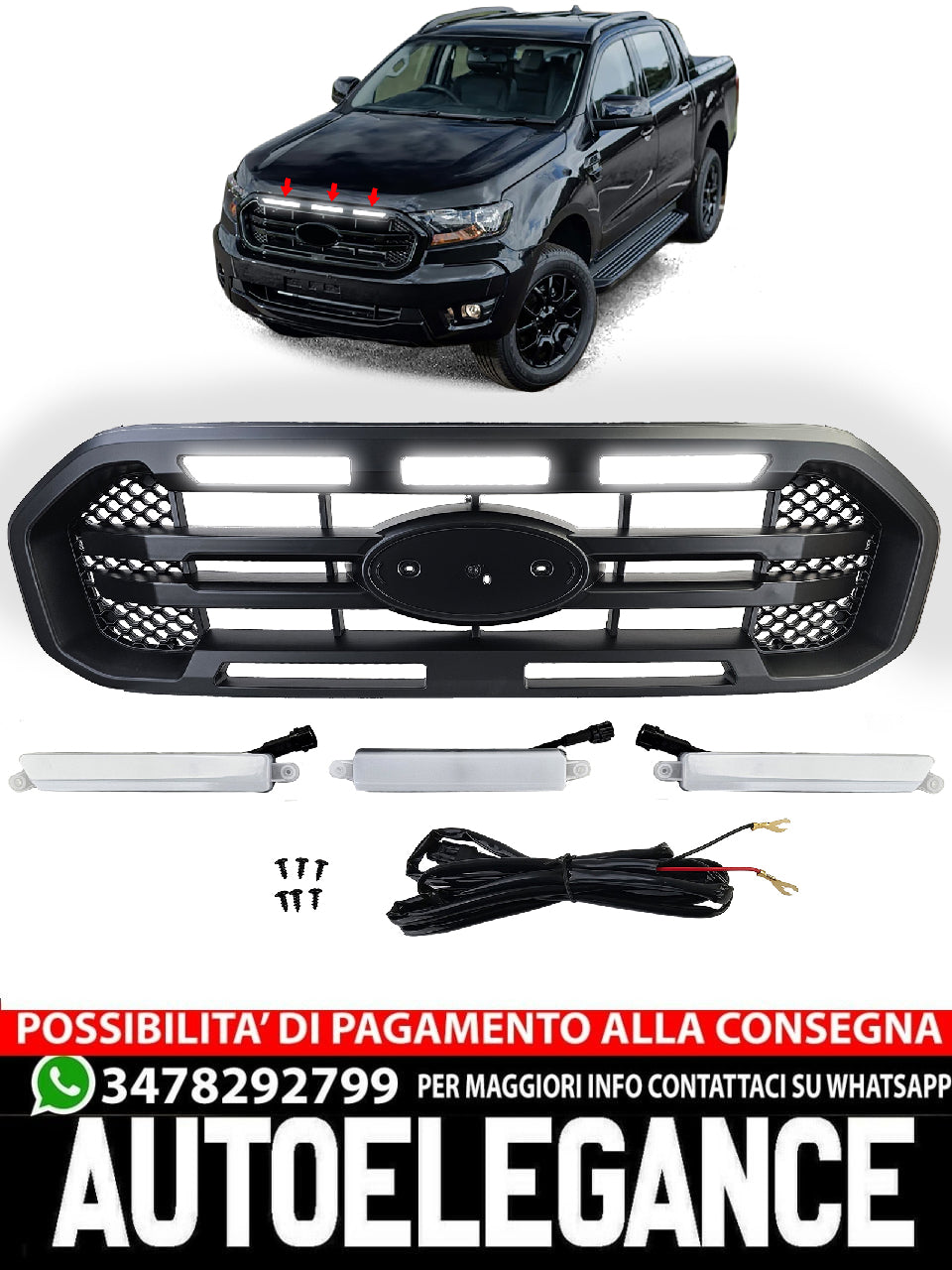 Griglia nera doppia barra con LED per Ford Ranger T8 19-23 2.0 TDCi