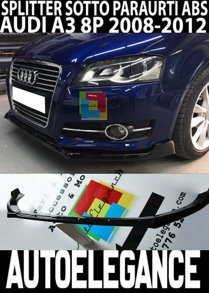 AUDI A3 8P 2009-2013 LIP SPOILER SOTTO PARAURTI ANTERIORE ABS NERO SPLITTER - V- AUTOELEGANCERICAMBI